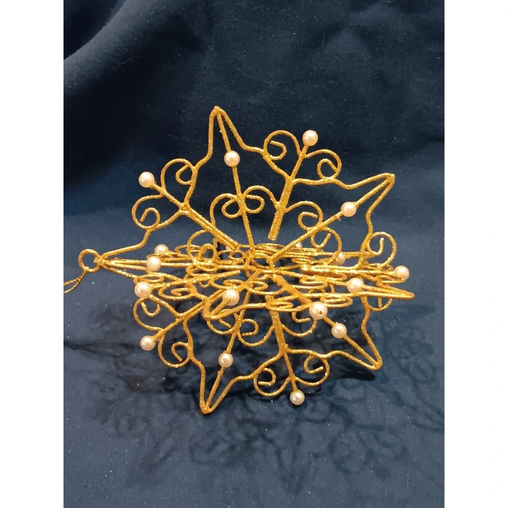 Avon Glitter Snowflake Ornament‎ Faux Pearls Gold Christmas Tree Decor 1998